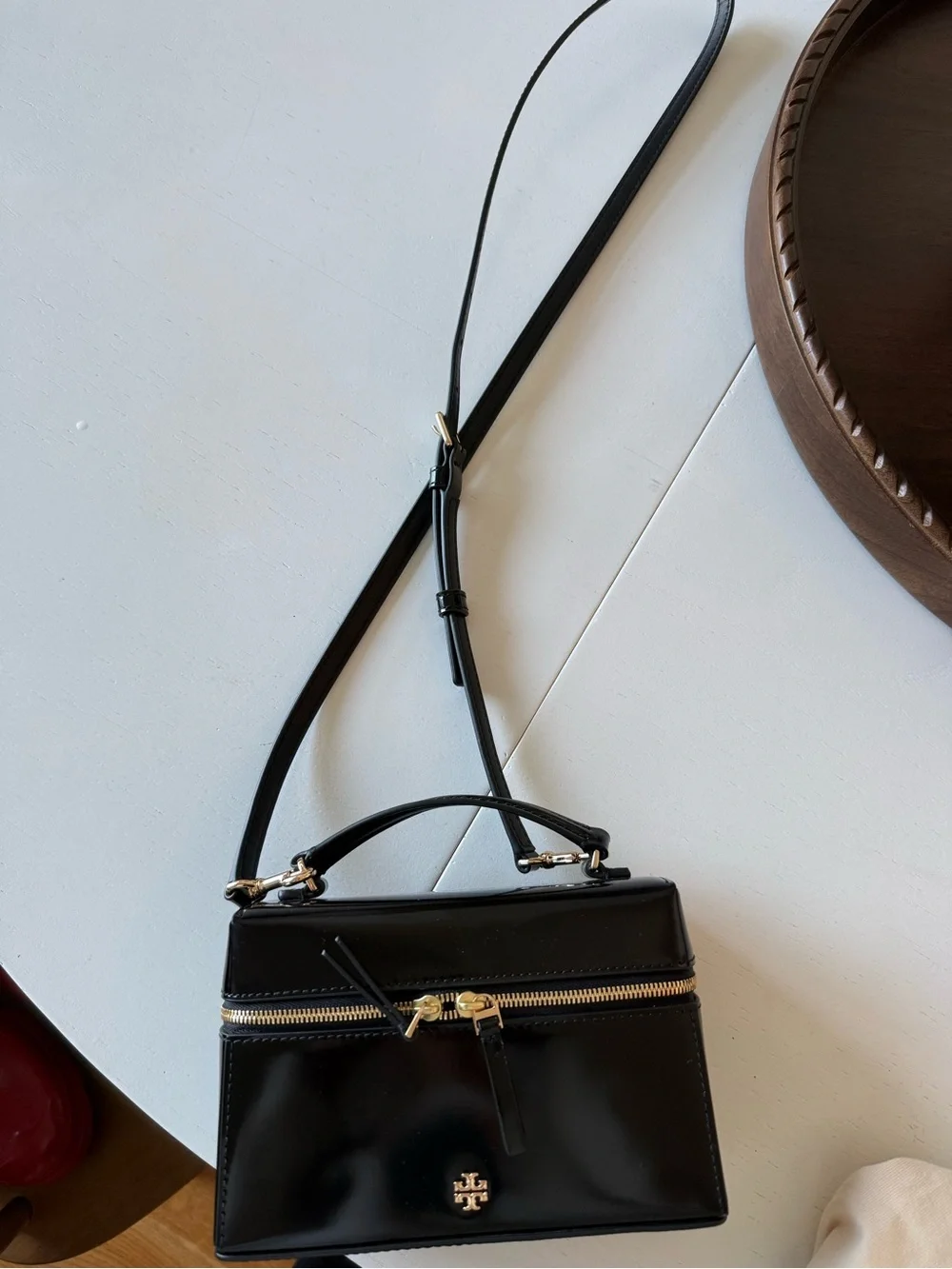 Tory Burch Emerson Black Patent Leather Top-Handle Crossbody with Gold Hardware